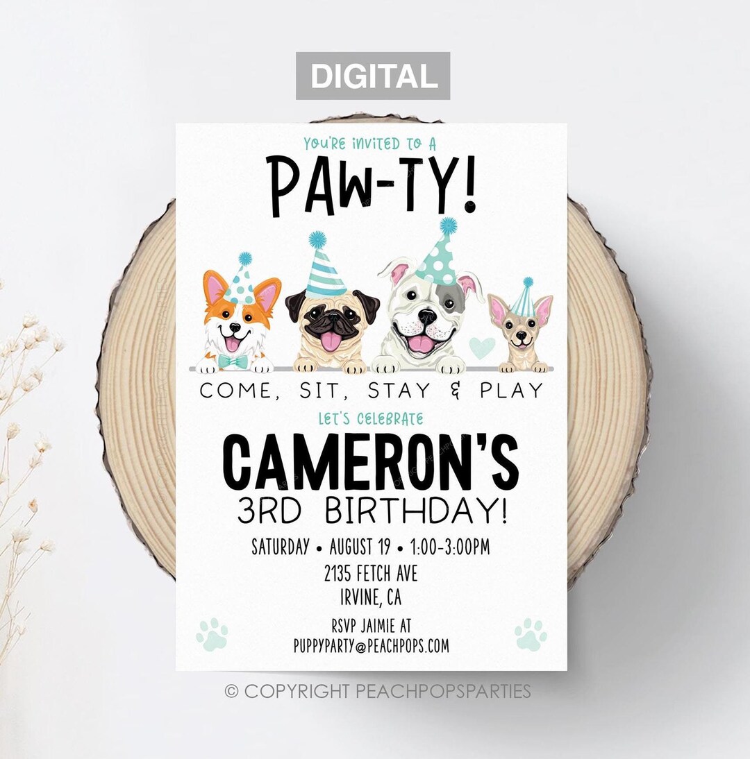 Lets Pawty Birthday Editable Puppy Dog Invitation Teal Blue Dog Party ...