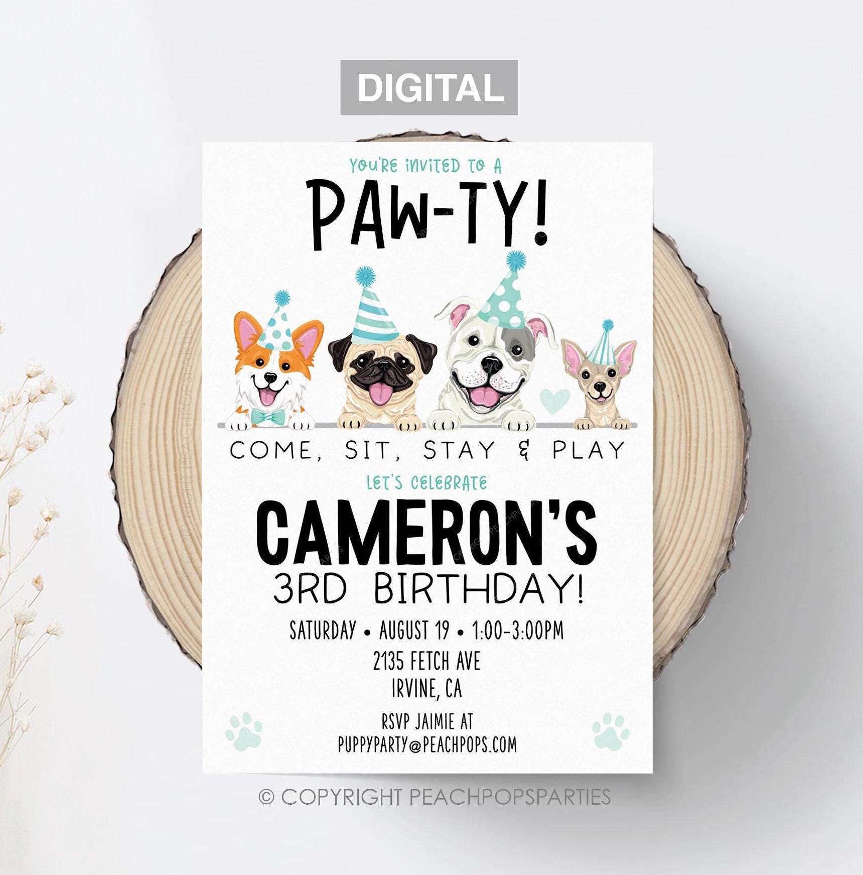 Lets Pawty Birthday Editable Puppy Dog Invitation Teal Blue Dog Party ...