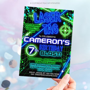 Bewerkbare Laser Tag verjaardagsuitnodiging, Neon Laser Tag uitnodigen, Glow Laser Tag Party, blauw groen, jongen meisje digitale afdrukbare 5 x 7 uitnodigen LT247 afbeelding 3