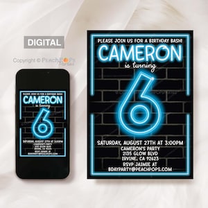 Neon Birthday Bash Editable Invitation Glow Party - 6 - 6th - ANY Age - BLUE - Boy Girl - DIGITAL Printable Invite 5”x7” - Edit today!