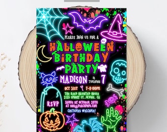 Neon Halloween Birthday Party Invitation, Editable Spooky Costume Party Invite, Glow Party, Modern, DIGITAL 5x7 Printable Edit Today! HH232