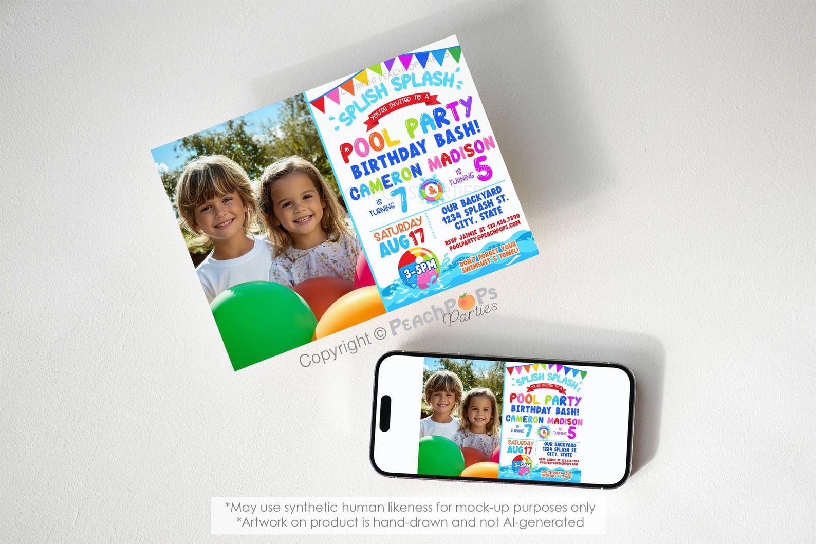 Photo Party Invitations Pool Party Birthday Invitation Editable PHOTO Invite DIGITAL 7x5 ...