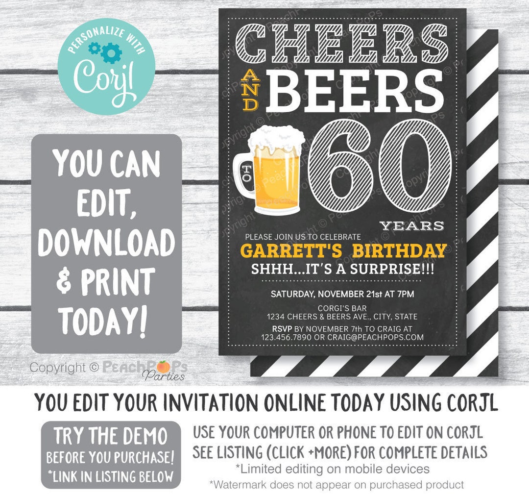 Editable Cheers and Beers 60th Birthday Invitation Party ANY Age ...