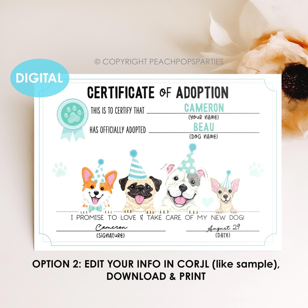 Dog Pawty Adoption Certificate EDITABLE Puppy Party Favor Blue Digital ...