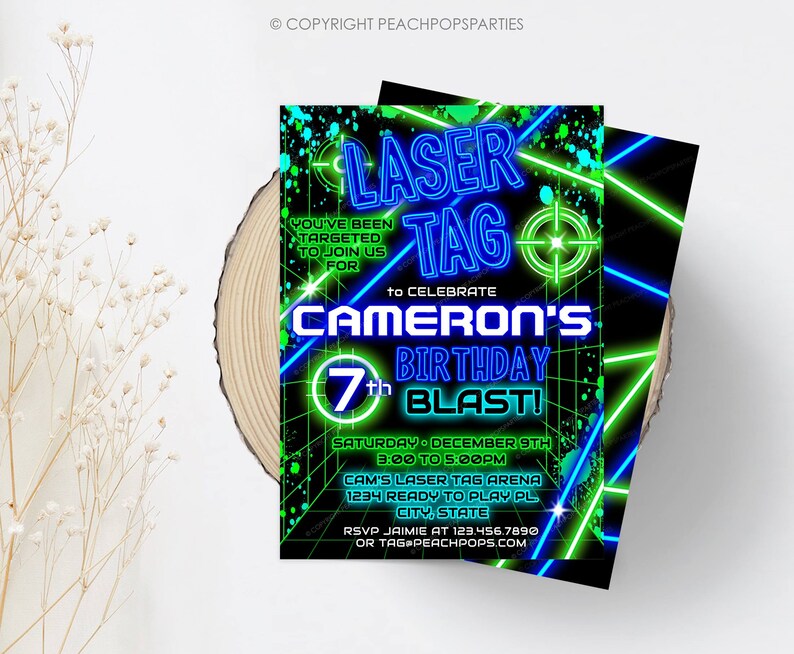 Editable Laser Tag Birthday Invitation, Neon Laser Tag Invite, Glow Laser Tag Party, Blue Green, Boy Girl DIGITAL Printable 5x7 Invite LT247 image 2