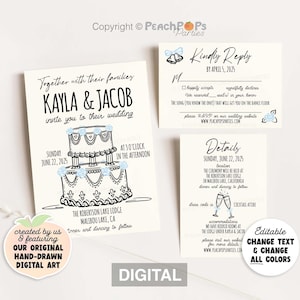 Hand Drawn Wedding Suite Invitation Template Editable Whimsical Illustrated Unique Cake Invite RSVP Set DIGITAL Printable Stationery W382