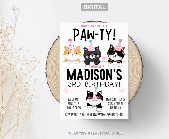 Pawty Birthday, Editable Kitty Cat Invitation, Pink, Kitten Birthday, Girl Kids Cats DIGITAL Printable EDITABLE Invite 5x7 Edit Today KP225