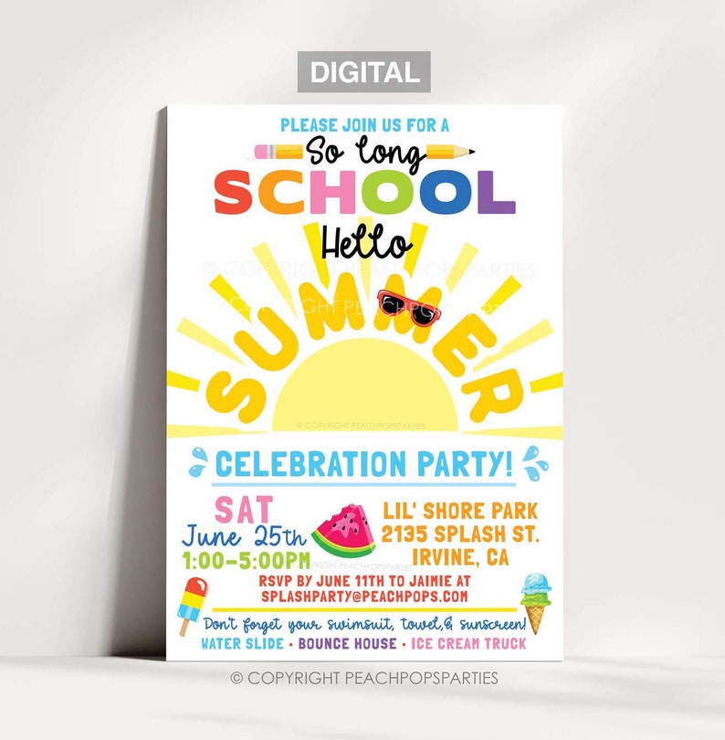 So long School, Hello Summer Celebration Party digital editable invitation that you edit in Corjl. Half sun with rays, sunglasses over letter M in summer. Watermelon slice, ice cream cone, freezer pop accents on white vertical 5 by 7 inch background.