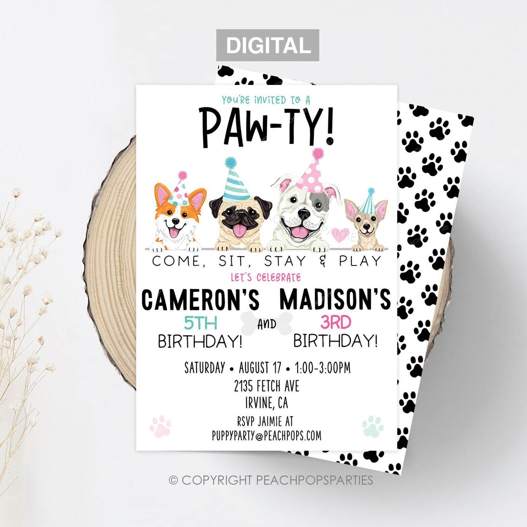 Pawty Birthday EDITABLE Puppy Dog Invitation Boy Girl Kids Siblings ...