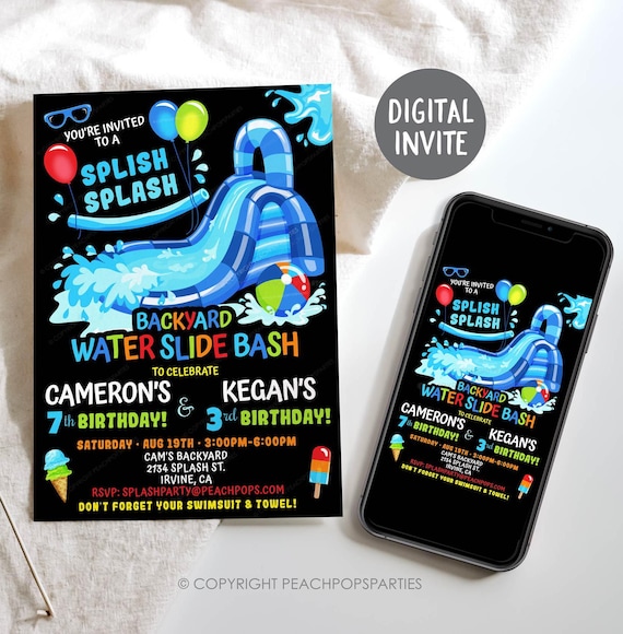 Waterslide Birthday Invitation Boy Girl Splash Party Invite BLUE Water Slide Double DIGITAL Editable Printable Invite 5x7 Edit TODAY WS163