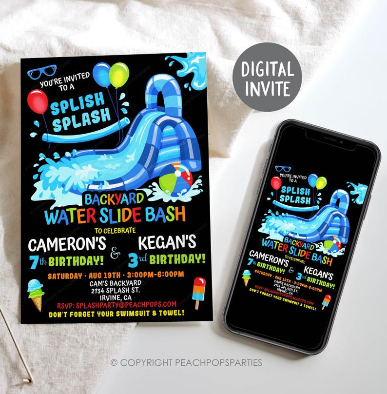 Invitación de cumpleaños con tobogán acuático para niño o niña, fiesta acuática, tobogán acuático azul, doble, digital, editable, imprimible, 5x7, editar HOY WS163 imagen 1