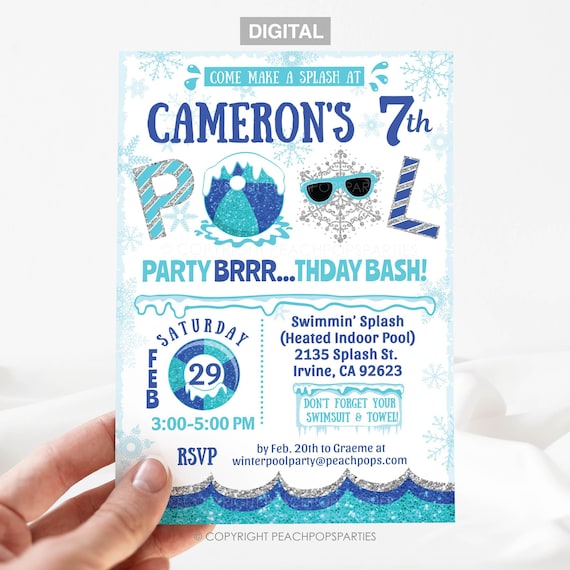 Winter Pool Party Birthday Invitation - Snow Swimming Pool - Blue - ANY Age - Glitter DIGITAL Printable Editable Invite 5x7 Edit TODAY BRR52