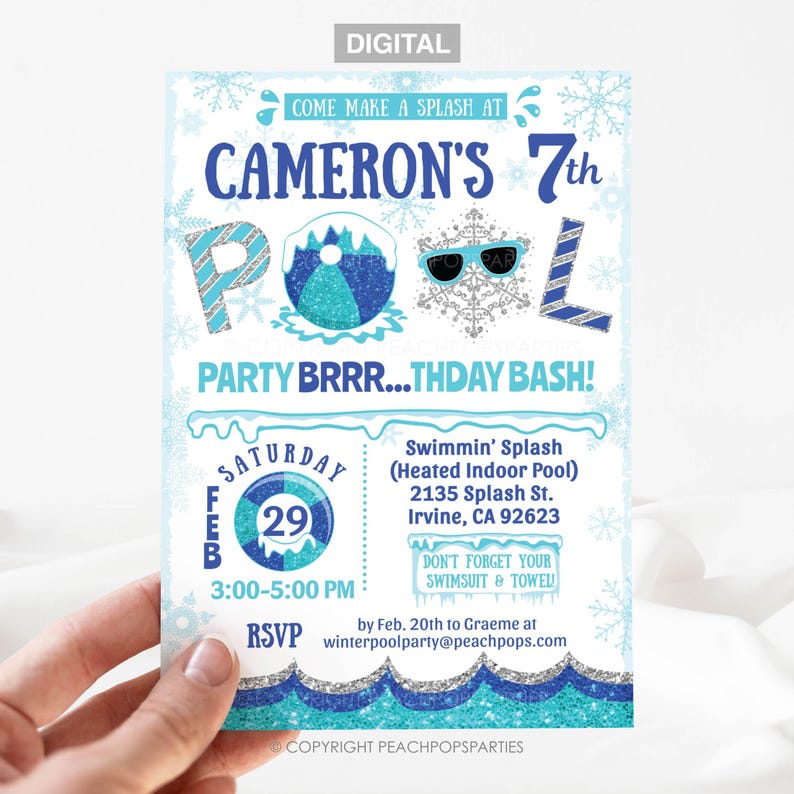 Blue winter pool digital editable birthday invitation you edit on Corjl. Pool with snowy blue beach ball letter o, glitter snowflake wearing sunglasses o. Silver,light blue snowflakes on white background. 5 by 7 inches, vertical,glitter bottom waves.