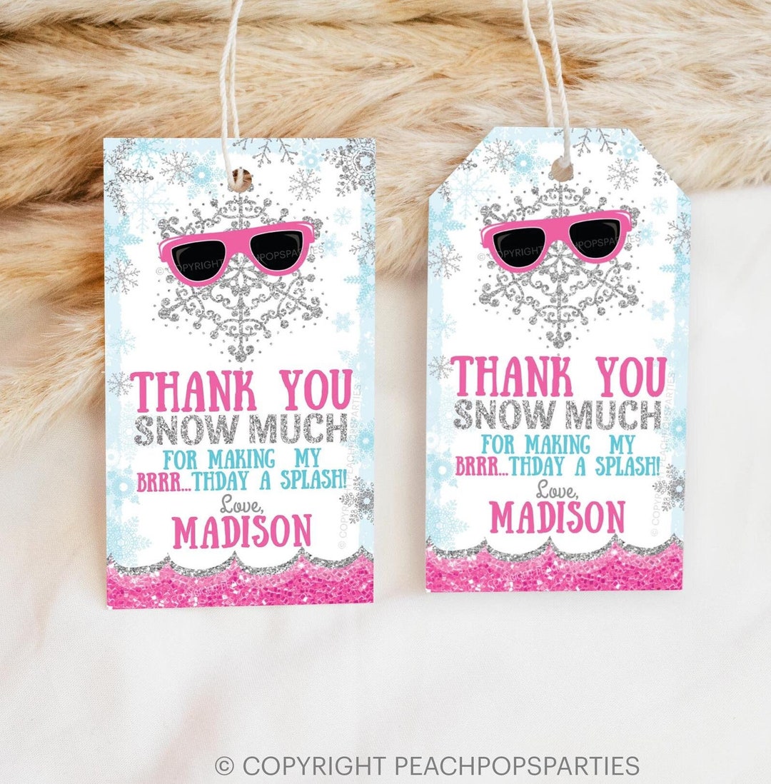 Editable Winter Pool Favor Tag, Snowflake Party Gift Tag, PINK, Glitter ...