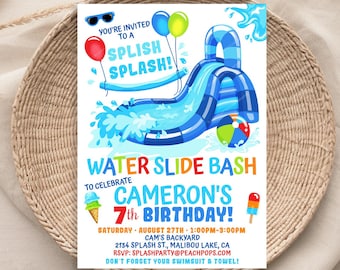 Editable Water Slide Birthday Splash Party Invitation BLUE Waterslide Bash - Boy or Girl - DIGITAL Printable Invite 5” x 7” Edit TODAY WS83