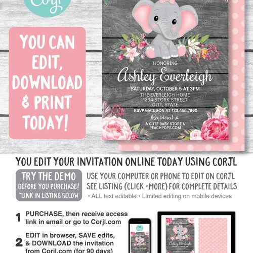 Elephant Baby Shower Invitation Girl EDITABLE Pink Elephant - Etsy