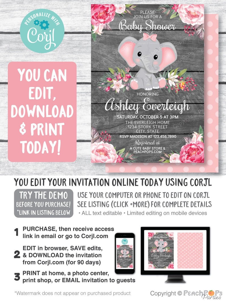 Elephant Baby Shower Invitation Pink Girl Jungle Floral Etsy