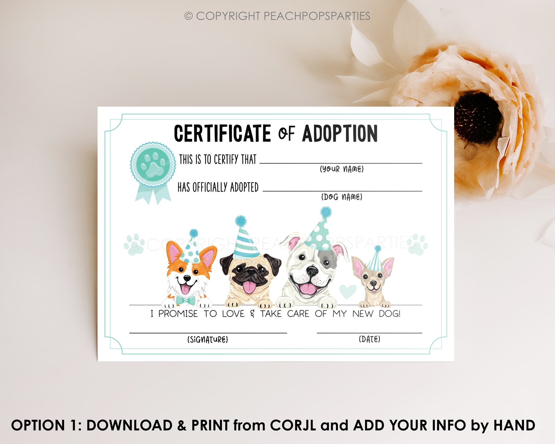 Dog Pawty Adoption Certificate EDITABLE Puppy Party Favor Blue Digital ...