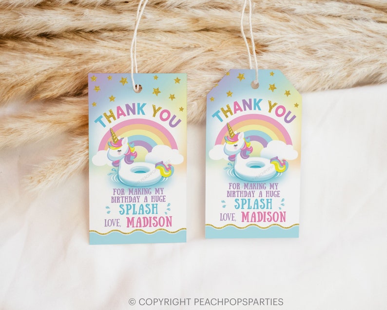 Bearbeitbares Einhorn-Dankeschön-Tag, Pool-Geburtstags-Gastgeschenk-Tag, Regenbogen-Geburtstags-Party-Geschenk-Label-Tag, DIGITALER druckbarer Tag 5 x 3,5 Zoll U34 Bild 1