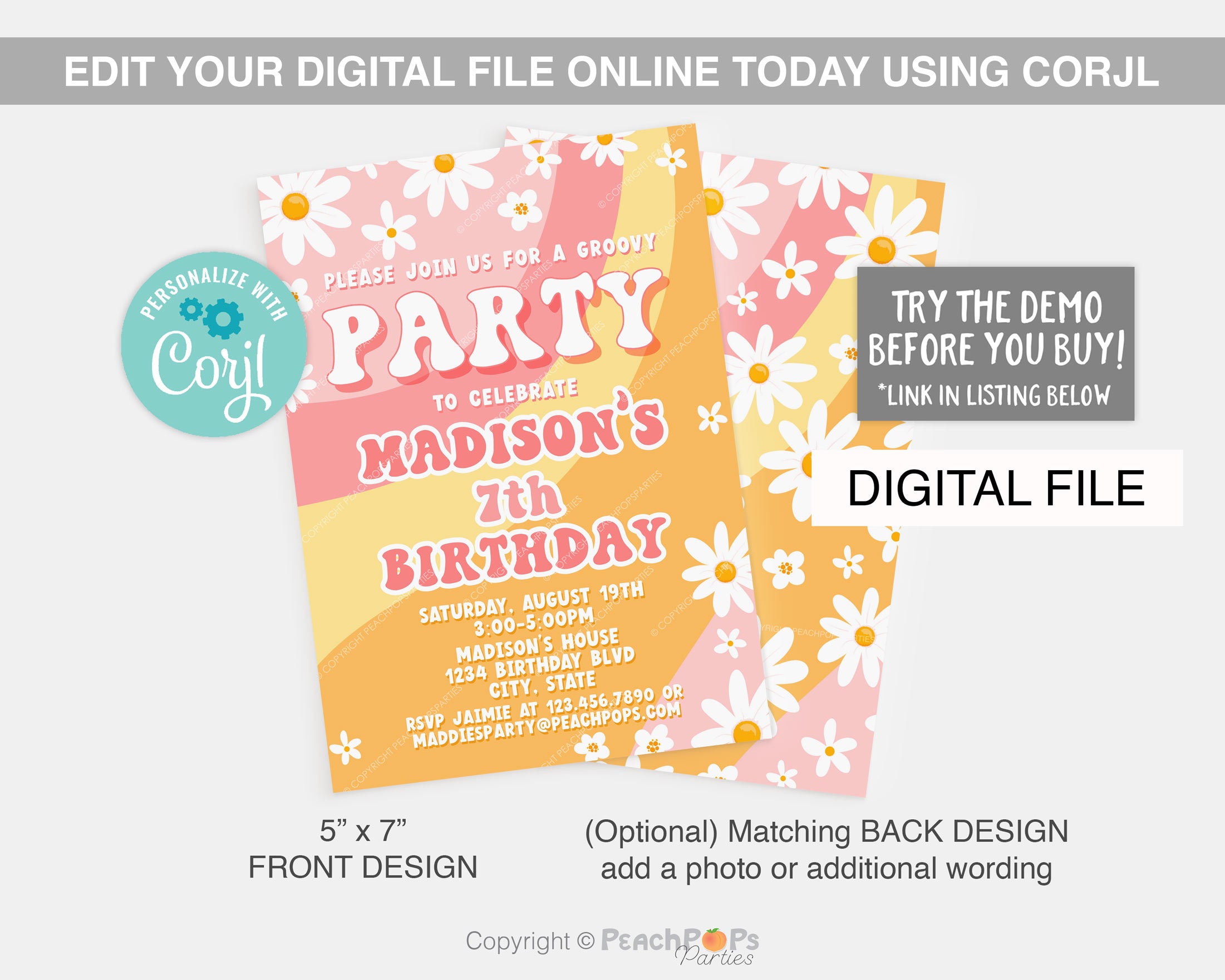 Retro Groovy Daisy Birthday Invitation: Boho Hippie Summer Party ...