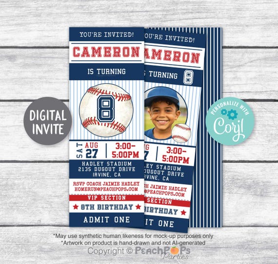 Baseball Invitation - Birthday - Sports Ticket Style Party - ANY Age - 1st 8th Add a photo DIGITAL Editable Printable Invite Edit TODAY JT86