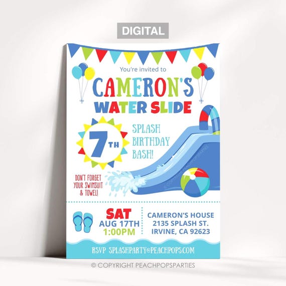 Splash Water Slide Birthday Party Invitation Waterslide Bash Pool Blue - Boy or Girl - DIGITAL Printable Editable Invite 5x7 Edit TODAY WS35