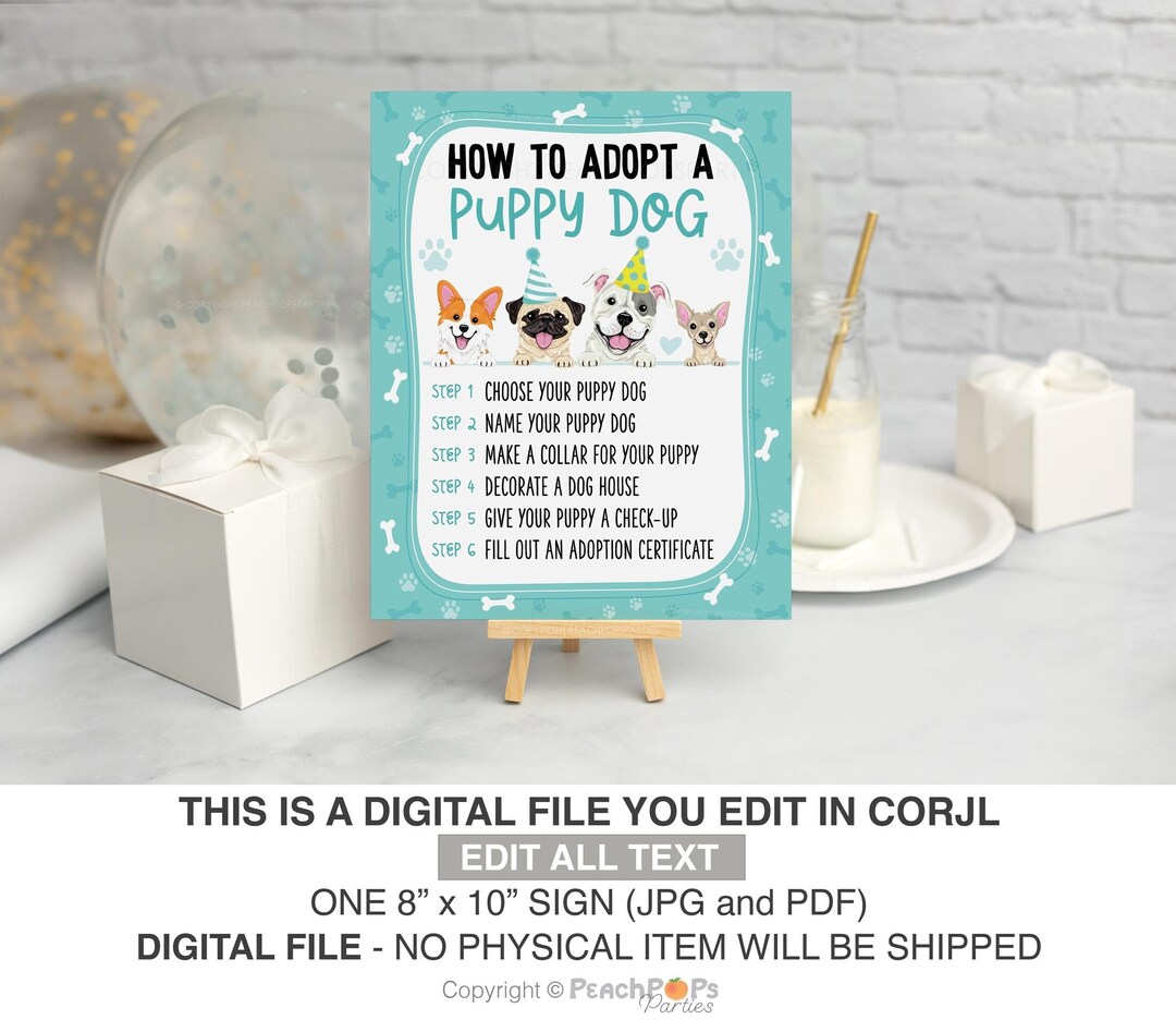 EDITABLE Dog Pawty Sign, DIGITAL How to Adopt a Puppy Dog Table Party ...