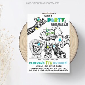May include: A party invitation with a blue and green color scheme featuring a cartoon giraffe, elephant, lion, cheetah, zebra, and rhinoceros wearing party hats. The text reads "Calling all Party Animals" and "Cameron's 7th Birthday!" with details about the party date, time, and location.