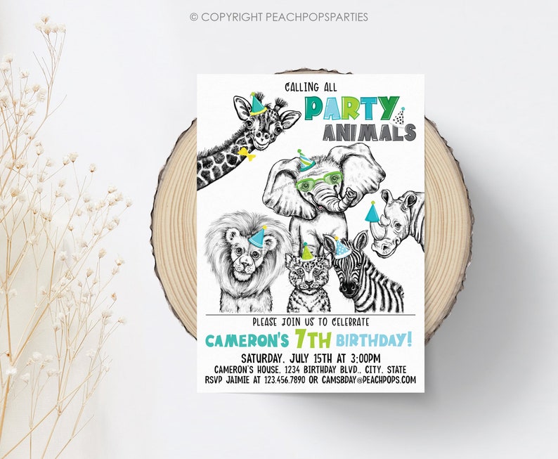 May include: A party invitation with a blue and green color scheme featuring a cartoon giraffe, elephant, lion, cheetah, zebra, and rhinoceros wearing party hats. The text reads "Calling all Party Animals" and "Cameron's 7th Birthday!" with details about the party date, time, and location.