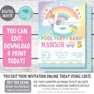 May include: A digital invitation for a pool party with a unicorn wearing a rainbow floatie. The invitation is for Madison's 5th birthday and has a blue, pink, and yellow color scheme. The text on the invitation reads "Splish Splash! You're invited to a Pool Party Bash! Madison is turning 5. Saturday, Aug 31, 3:00-5:00PM. Madison's Pool, 2135 Splash St, Irvine, CA. Don't forget your swimsuit & towel! RSVP Jamie by Aug 20 at poolparty@peacepops.com"