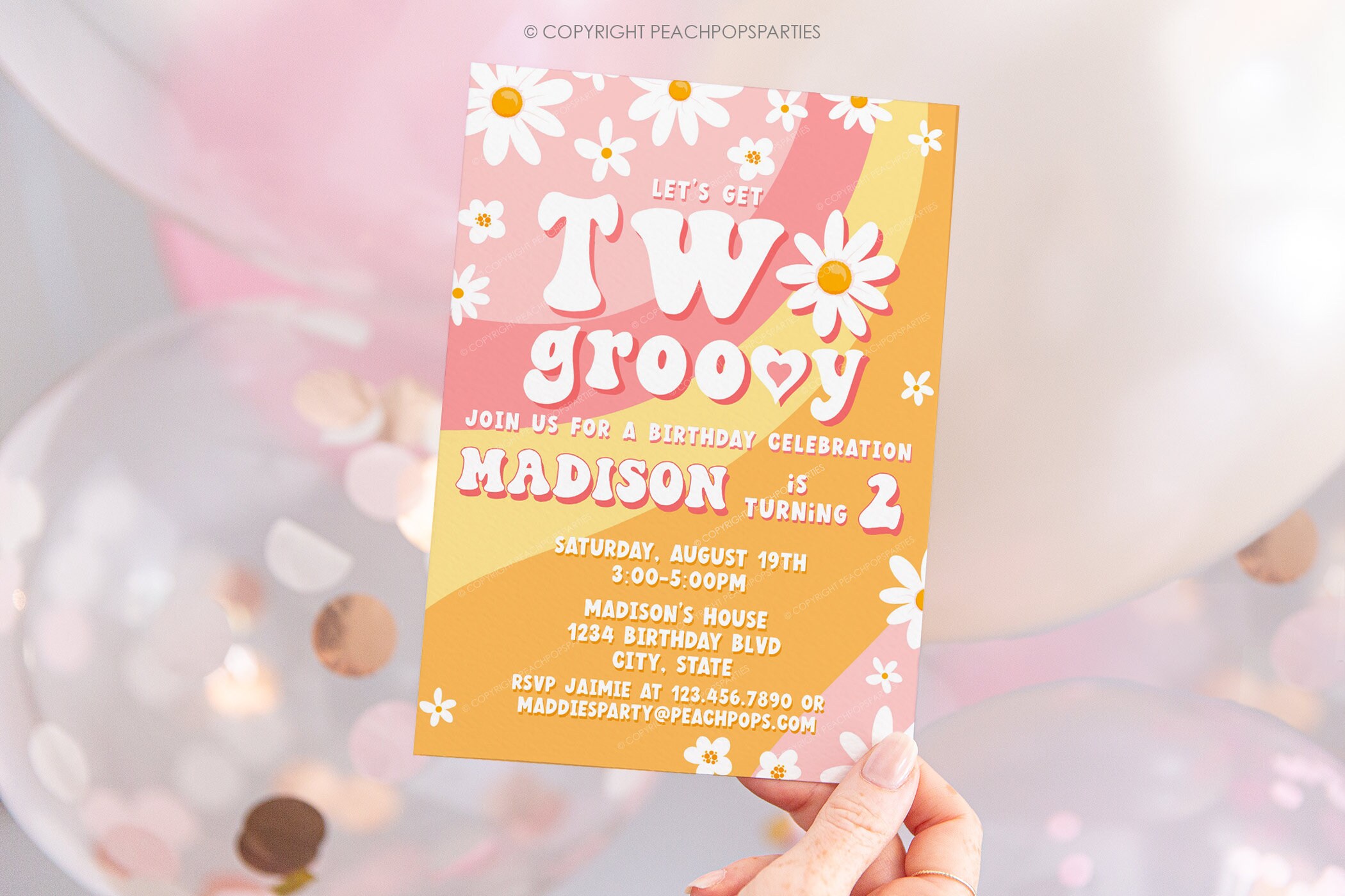 Editable TWO Groovy Birthday Invitation Daisy Boho 2nd Party Pink ...