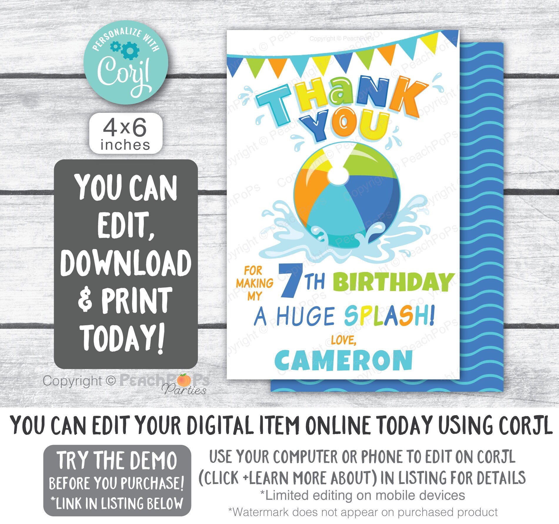 Editable Thank You Card Splish Splash Thank You Note Pool Beach Party Water Slide Birthday Thanks DIGITAL Printable 4x6 Card Edit Today SS81