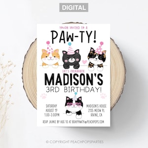 Digital editable kitty cat birthday pawty invitation that you edit in your browser in Corjl. Four hand drawn cats (Torti Cat, Orange Tabby Cat, Tuxedo Cat , etc). Pink.