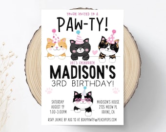 Pawty Birthday, Editable Kitty Cat Invitation, Pink, Kitten Birthday, Girl Kids Cats DIGITAL Printable EDITABLE Invite 5x7 Edit Today KP225