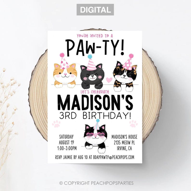 Digital editable kitty cat birthday pawty invitation that you edit in your browser in Corjl. Four hand drawn cats (Torti Cat, Orange Tabby Cat, Tuxedo Cat , etc). Pink.