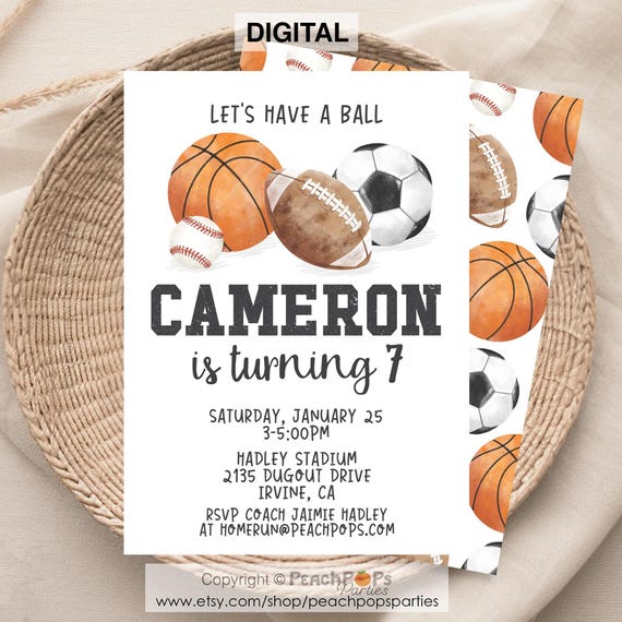 Lets Have a Ball Sports Party Invitation EDITABLE Birthday Invite Baseball Football Soccer Basketball Watercolor DIGITAL 5x7 Printable JD377