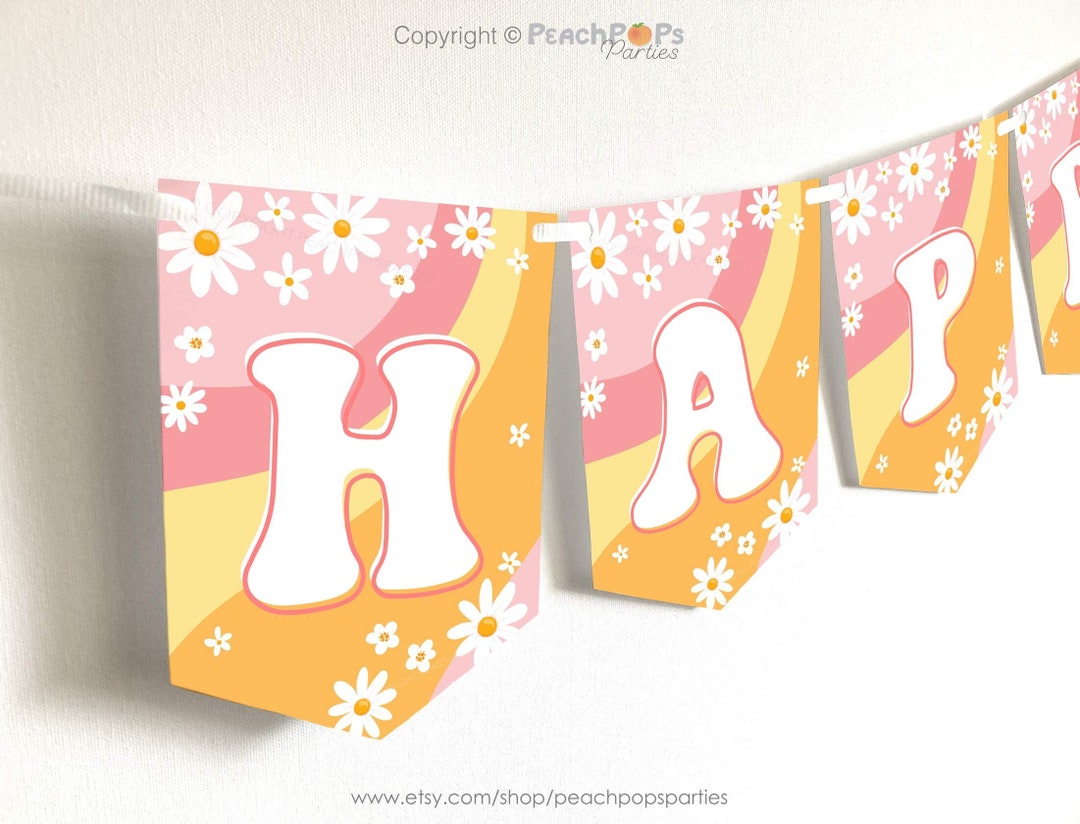Editable Groovy Birthday Banner Happy Birthday Flag Banner Retro Pink