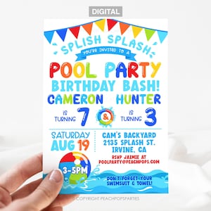 Pool Party Birthday Invitation, Splash Birthday Invite, Water Party, Siblings Brothers Sisters, Blue, DIGITAL Editable Printable 5x7 Invite