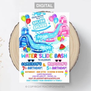 Editable Water Slide Birthday Splash Party Invitation Blue Pink Waterslide Bash Sibling Twins DIGITAL Printable 5x7 Invite WS83 WS96 WS161