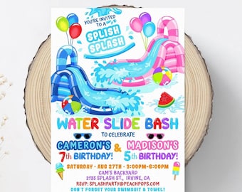 Editable Water Slide Birthday Splash Party Invitation Blue Pink Waterslide Bash Sibling Twins DIGITAL Printable 5x7 Invite WS83 WS96 WS161