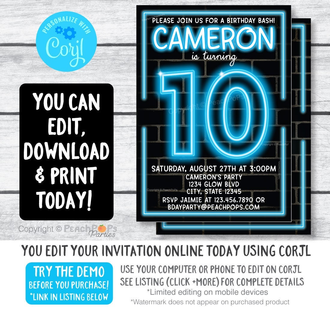 Editable Birthday Bash Neon Party Any Age Glow In The Dark Etsy