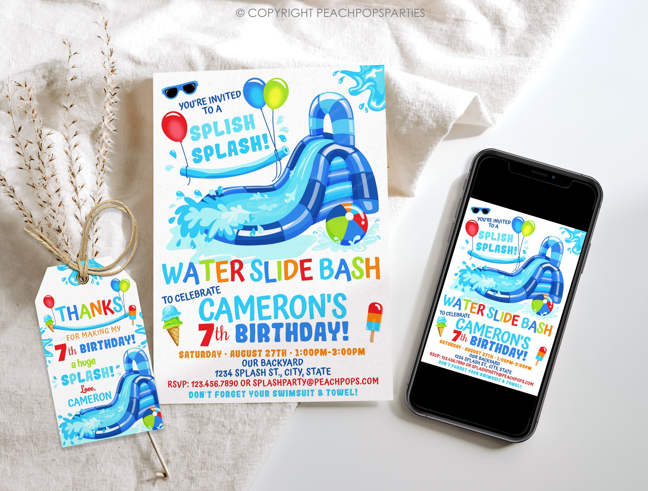 Editable Water Slide Birthday Party Invitation Blue Waterslide Pool ...