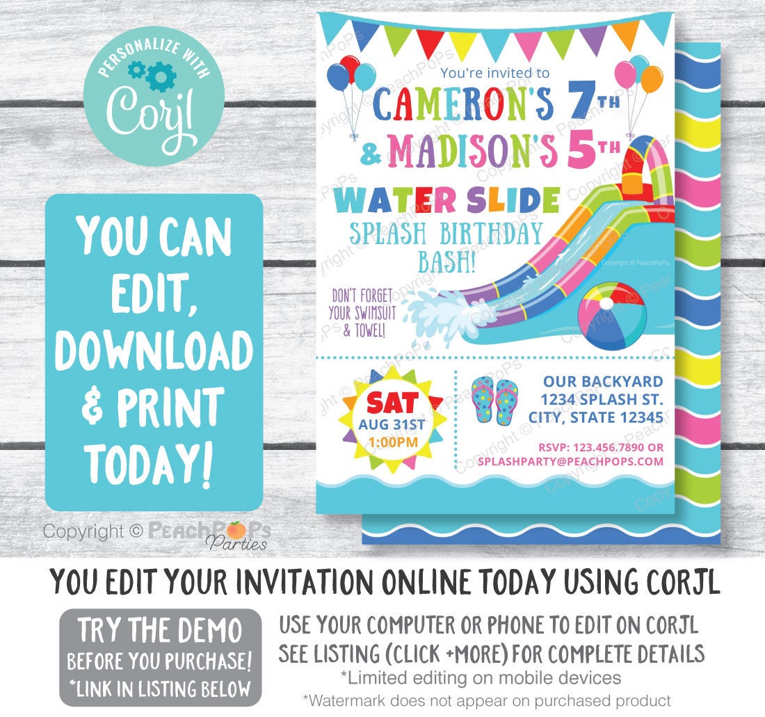 Joint Splash Water Slide Birthday Party Invitation Waterslide Bash - …