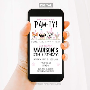 Lets Pawty TEXT Birthday Invite Editable Puppy Phone Invitation Pink Any age DIGITAL Electronic Mobile Invite Text or Email Invite DP124