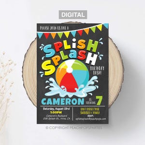 Födelsedagsinbjudan till Splish Splash, poolparty, vattenrutschkana, strandboll, pojke eller flicka, digital utskrivbar inbjudan 13x18 cm, självredigerbar idag SS62