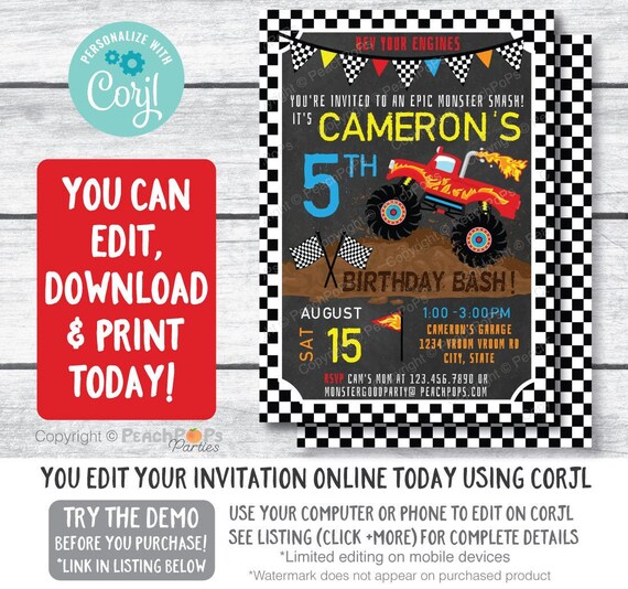 Monster Truck Invitation Red Birthday Bash Party Any Age Etsy