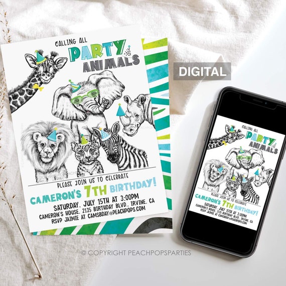 Safari Animals Birthday Invitation: Digital Wild Zoo Party, Blue, Green, DIGITAL Invite 5x7 SA186