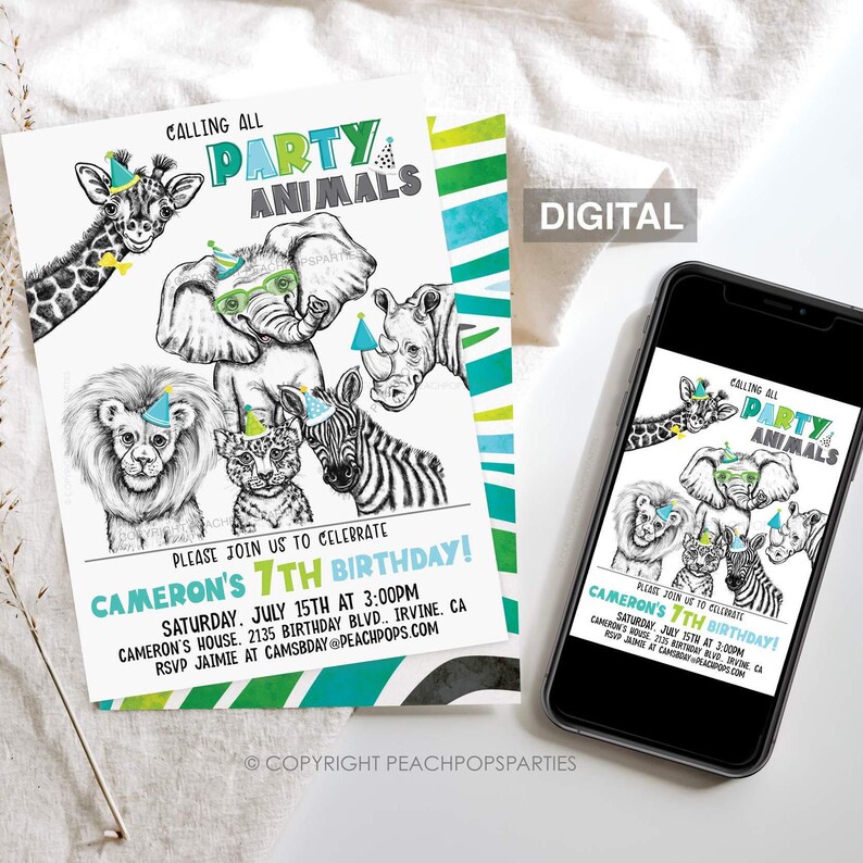 May include: A digital invitation for a 7th birthday party with a jungle animal theme. The invitation features a colorful striped background with a white space in the center. The white space features a drawing of a giraffe, elephant, rhino, zebra, lion, and leopard wearing party hats. The text "Calling all Party Animals" is at the top of the invitation. The text "Cameron's 7th Birthday!" is in the center of the invitation. The text "Saturday, July 15th at 3:00pm" is below the birthday text. The text "Cameron's House, 2135 Birthday Blvd., Irvine, CA" is below the time. The text "RSVP Jamie at Camsbday@Peachpops.com" is at the bottom of the invitation.
