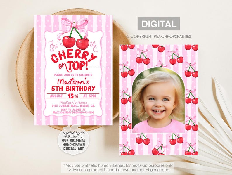May include: A birthday invitation card featuring a pink and white striped background with red cherries and a pink bow. The text reads She's the CHERRY on TOP! Madison's 5TH BIRTHDAY AUGUST 15th AT 5PM. A second card displays a photo frame with cherries.