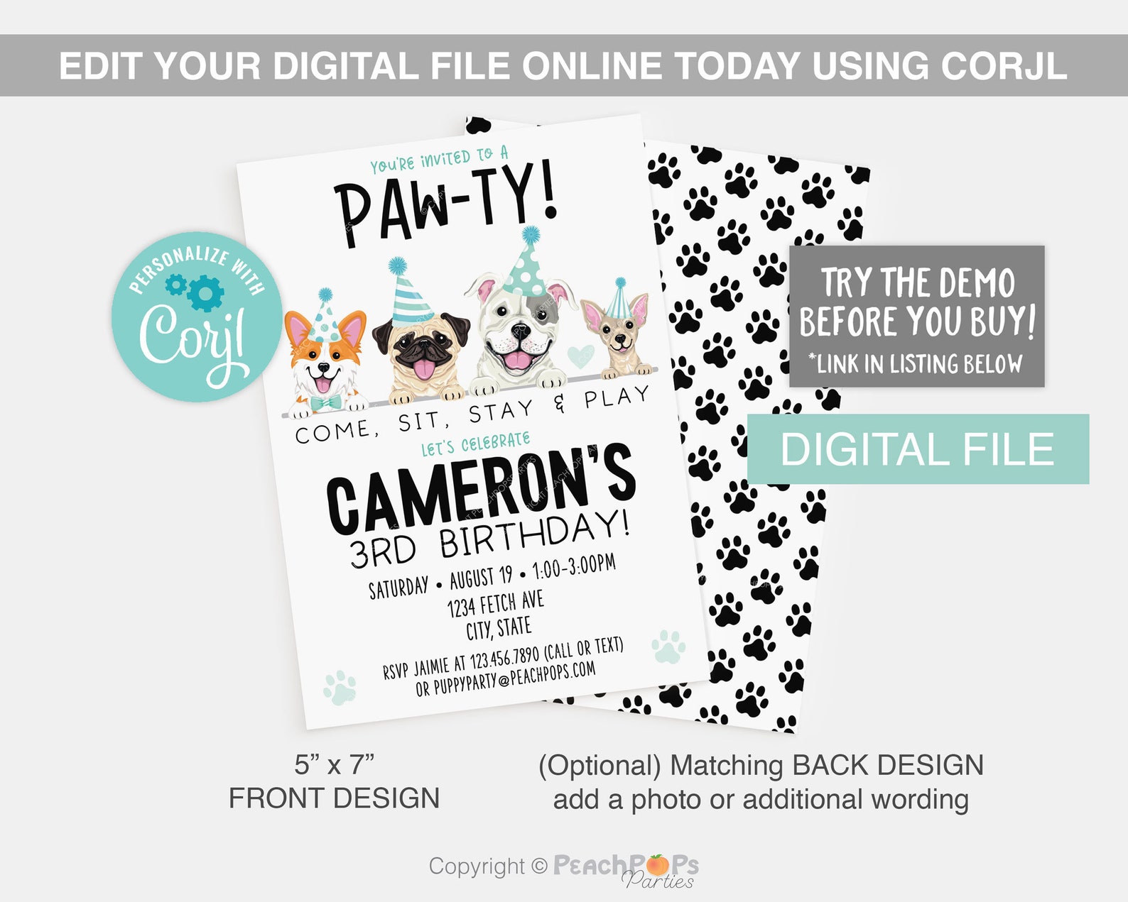 Lets Pawty Birthday Editable Puppy Dog Invitation Teal Blue Dog Party ...